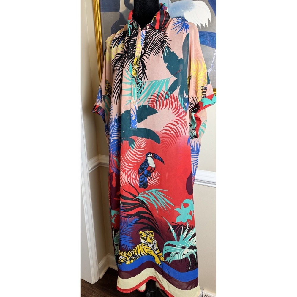Tropical Jungle Tiger Toucan Kaftan Sheer  Maxi Dress‎ Resortwear Multicolor